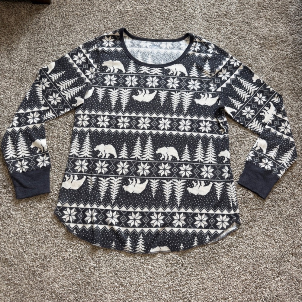 Old Navy Womens XXL Tall Fair Isle Polar Bear Thermal Waffle Knit Top Gray Cream